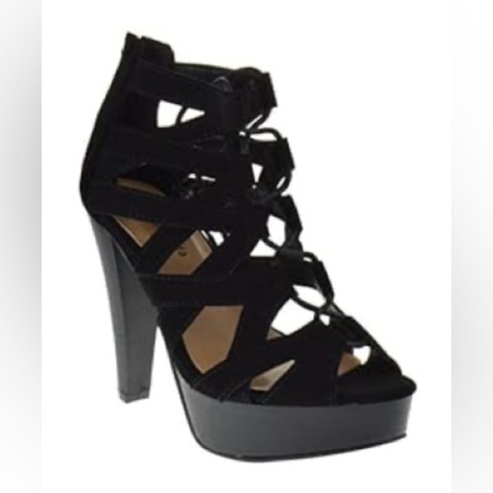 Black lace up zipper back heels
